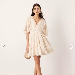 ASOS EDITION textured cinched pleat waist mini dress in stone